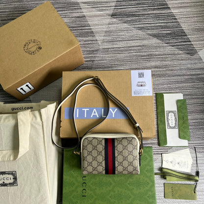 gg Ophidia Mini gg Bag Beige And Ebony gg Supreme Canvas, With White For Women  7in/17.5cm gg 517350 96IWS 9794