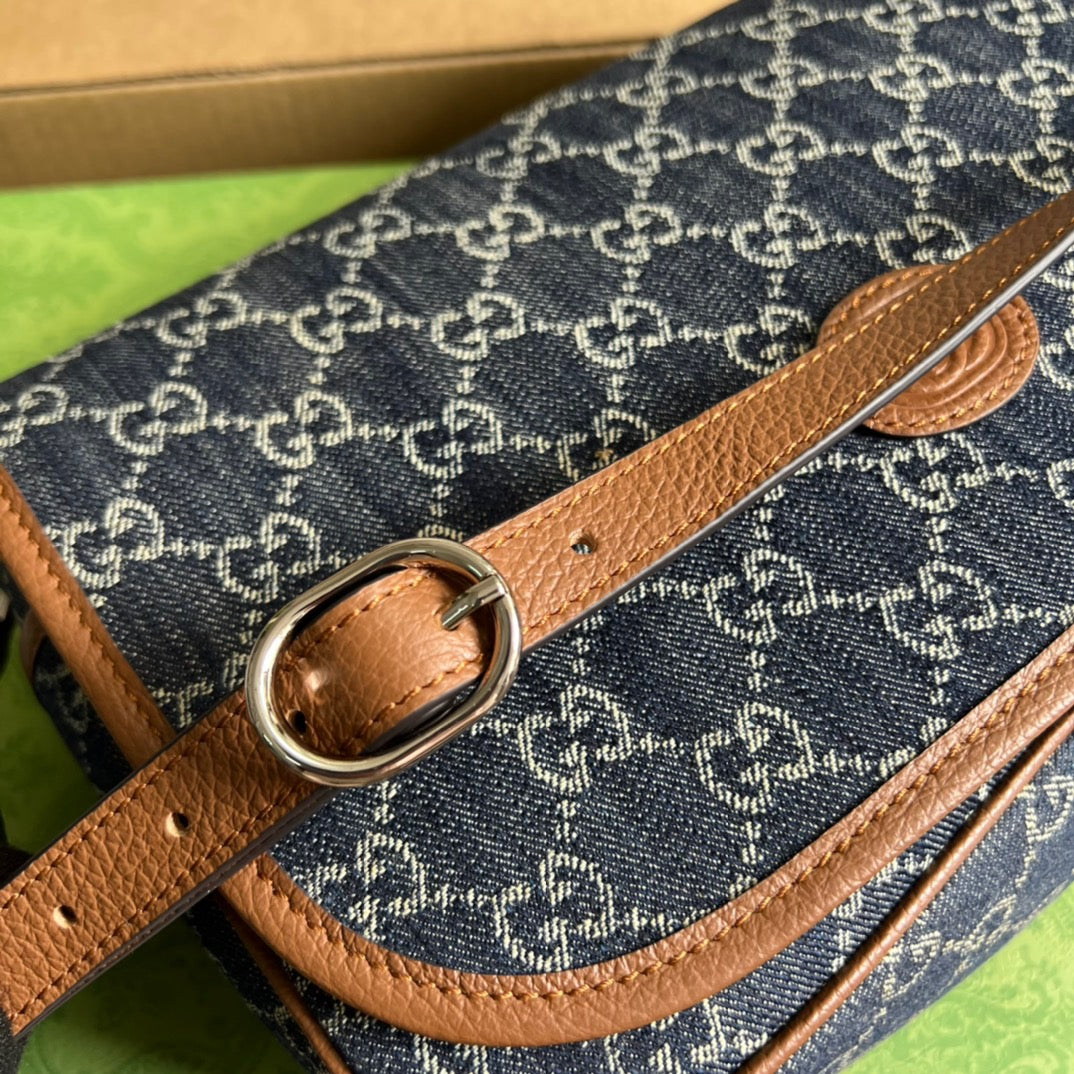 gg Children&#8217;s gg  Messenger Bag Dark Blue And Ivory Eco Washed Organic gg Jacquard Denim For Women  11.4in/29cm gg