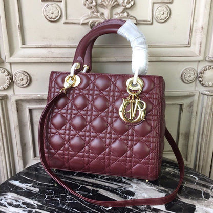 DI Medium Lady Bag Gold Toned Hardware Burgundy For Women 24cm/9in CD