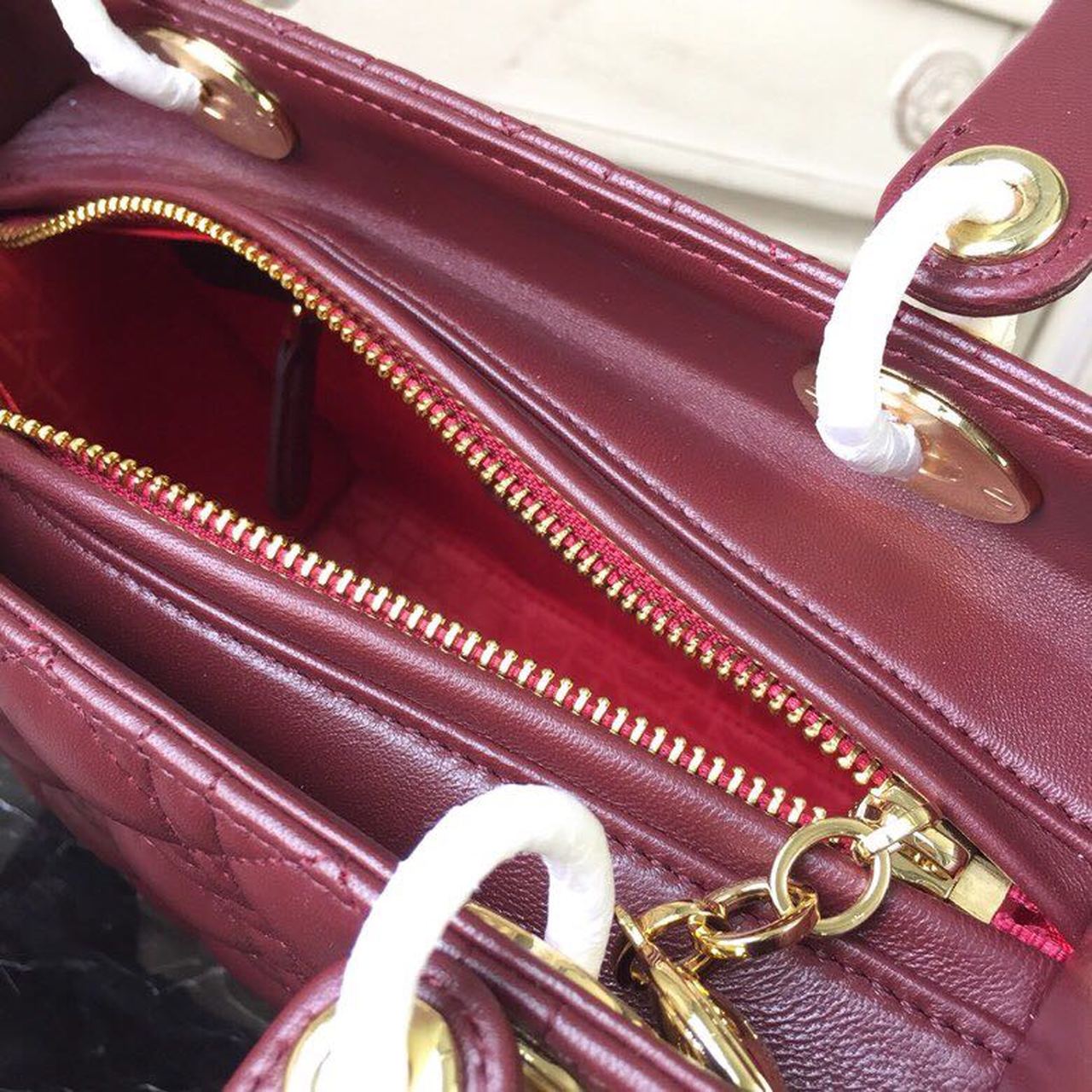 DI Medium Lady Bag Gold Toned Hardware Burgundy For Women 24cm/9in CD