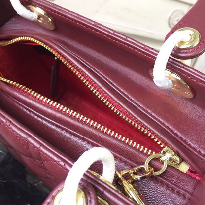 DI Medium Lady Bag Gold Toned Hardware Burgundy For Women 24cm/9in CD