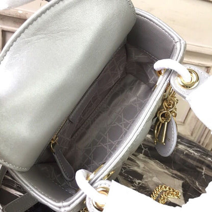DI Mini Lady Bag Silver with Chain Gold Toned Hardware For Women 6.5in/17cm CD