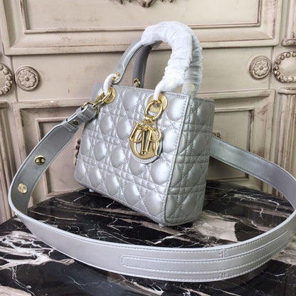 DI Small Lady Bag Gold Toned Hardware Pearl Silver White For Women 8in/20cm CD