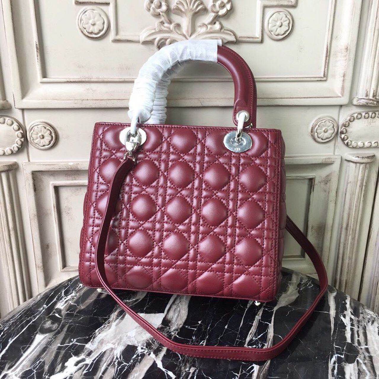 DI Medium Lady Bag Silver Hardware Burgundy For Women 9.5in/24cm CD
