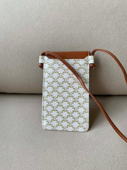 CE Phone Pouch With Flap In Triomphe Canvas And Lambskin White/Tan For Women 7in/18cm 10G332CQD.01TA