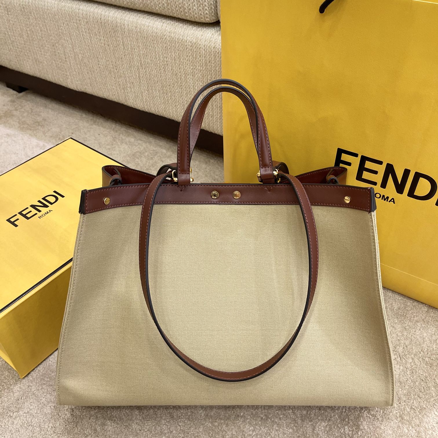 FI Peekaboo X-tote Bag Beige Canvas For Women, Women&#8217;s Handbags, Shoulder Bags 16.1in/41cm FF 8BH374