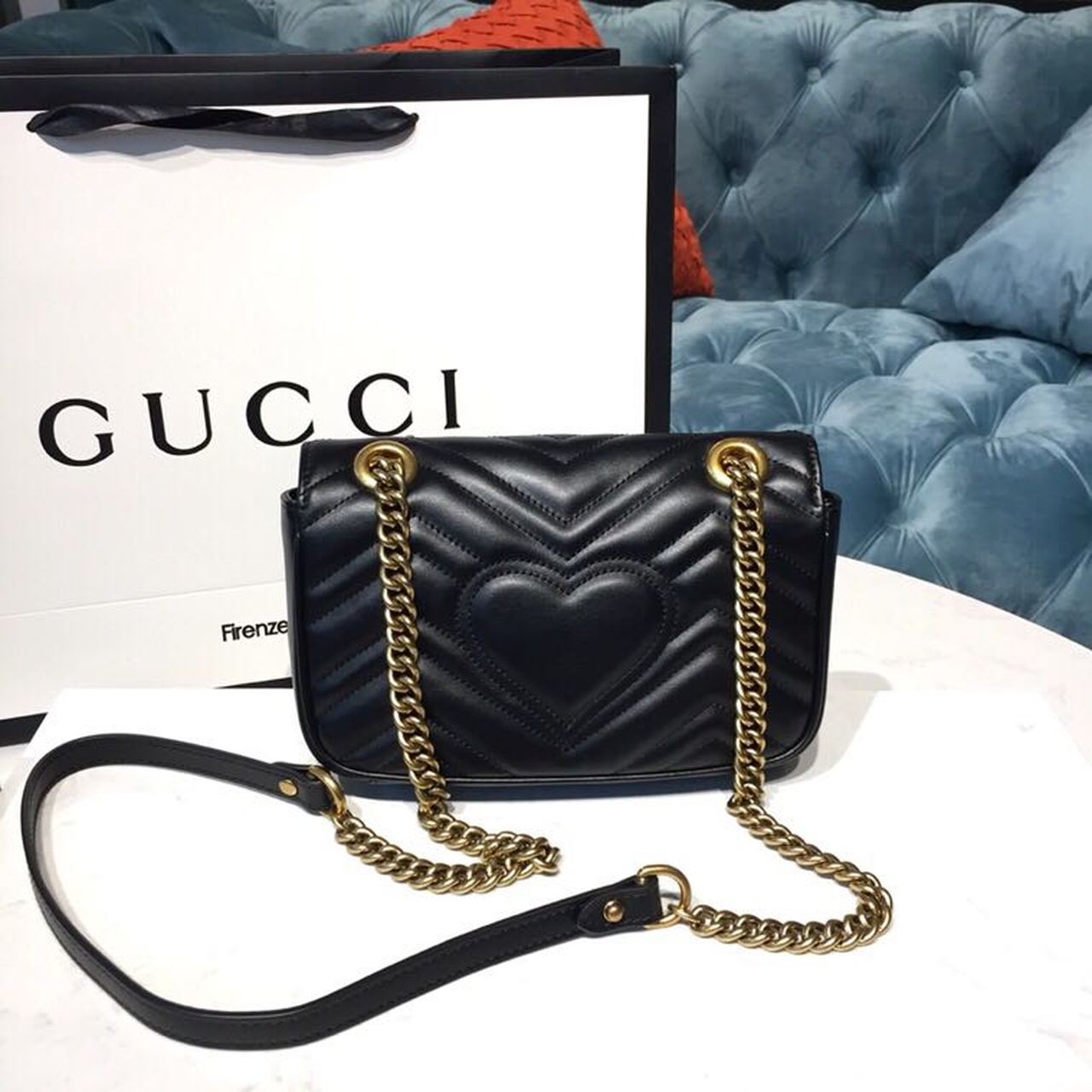 gg Marmont Matelassé Mini Bag Black Matelassé Chevron With A Heart For Women 9in/22cm gg 446744 DTDIT 1000