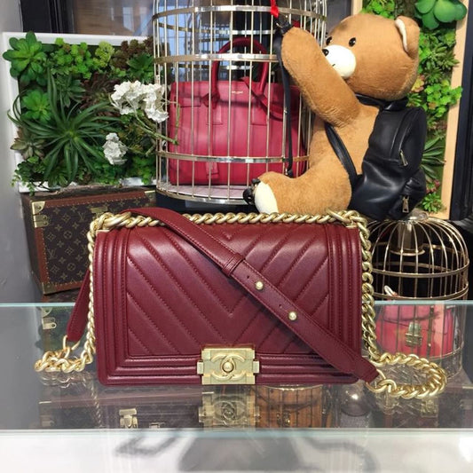 CHL Boy Handbag Gold Toned Hardware Burgundy For Women, Women’s Bags, Shoulder And Crossbody Bags 9.8in/25cm A67086