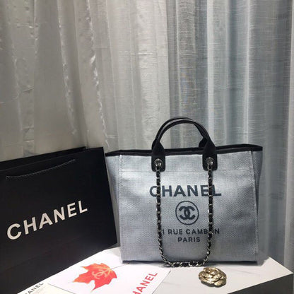 Chanel Deauville Tote Canvas Bag Light Grey For Women, Women&#8217;s Handbags, Shoulder Bags 15in/38cm A66941