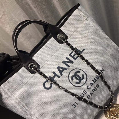 Chanel Deauville Tote Canvas Bag Light Grey For Women, Women&#8217;s Handbags, Shoulder Bags 15in/38cm A66941