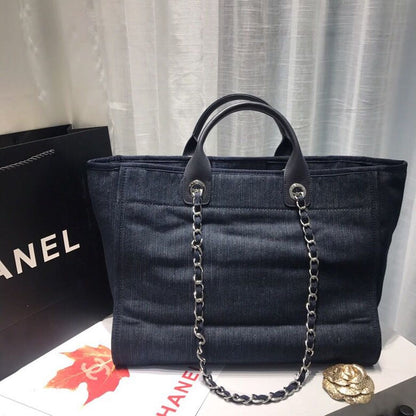 Chanel Deauville Tote Canvas Bag Dark Blue Denim/White For Women 14.9in/38cm