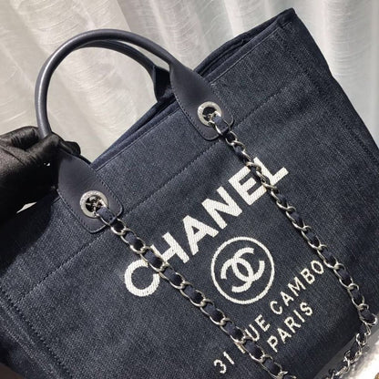 Chanel Deauville Tote Canvas Bag Dark Blue Denim/White For Women 14.9in/38cm