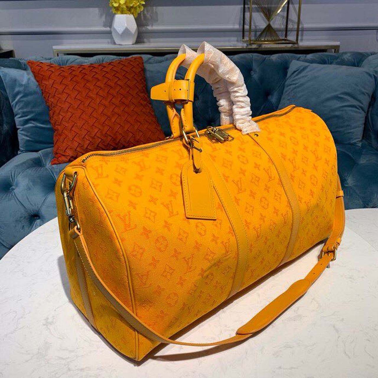 LV Keepall Bandouliere 50 Monogram Denim Ochre Yellow For Men, Men’s Bags, Travel Bags 19.7in/50cm LV M44644