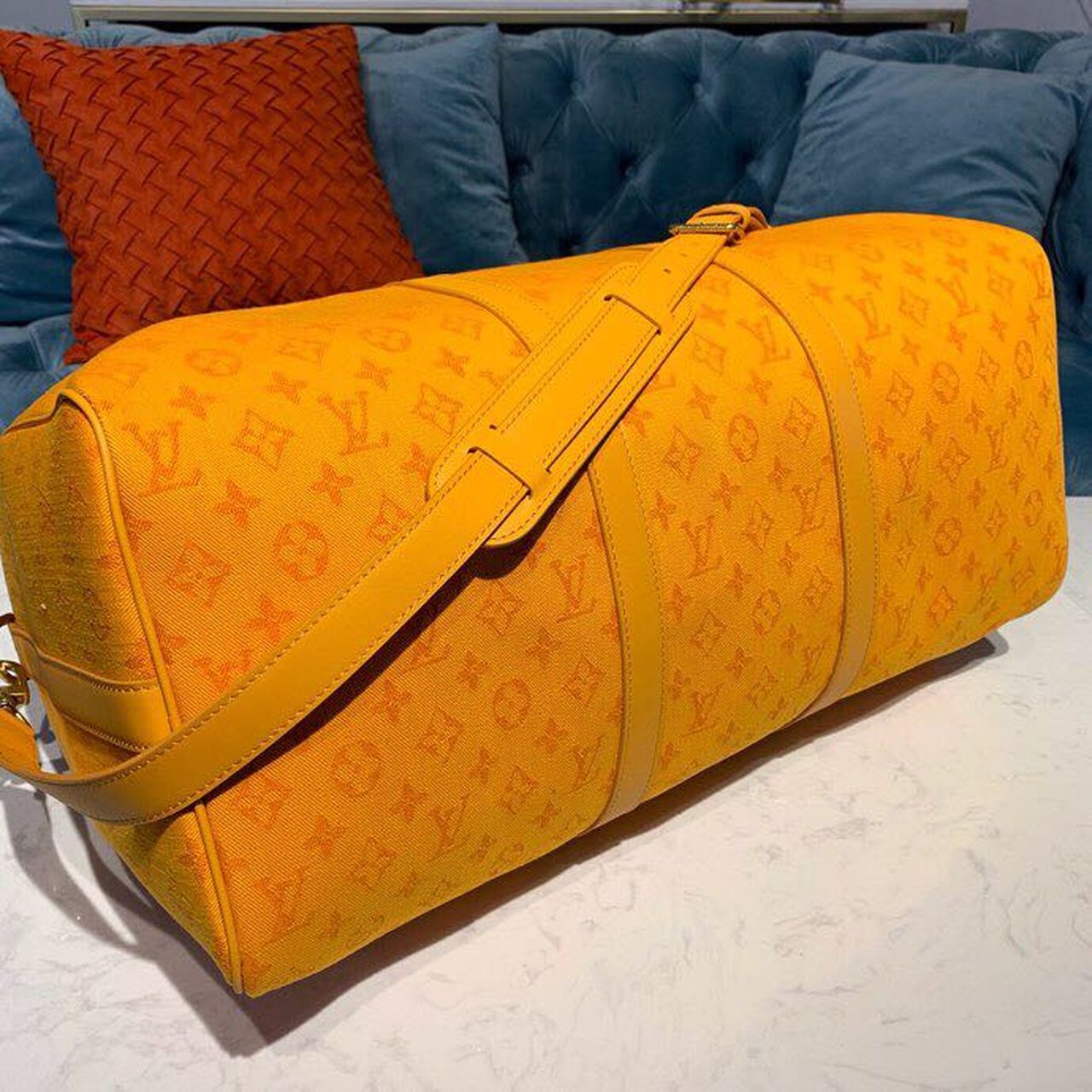 LV Keepall Bandouliere 50 Monogram Denim Ochre Yellow For Men, Men’s Bags, Travel Bags 19.7in/50cm LV M44644