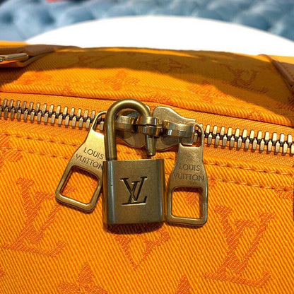 LV Keepall Bandouliere 50 Monogram Denim Ochre Yellow For Men, Men’s Bags, Travel Bags 19.7in/50cm LV M44644