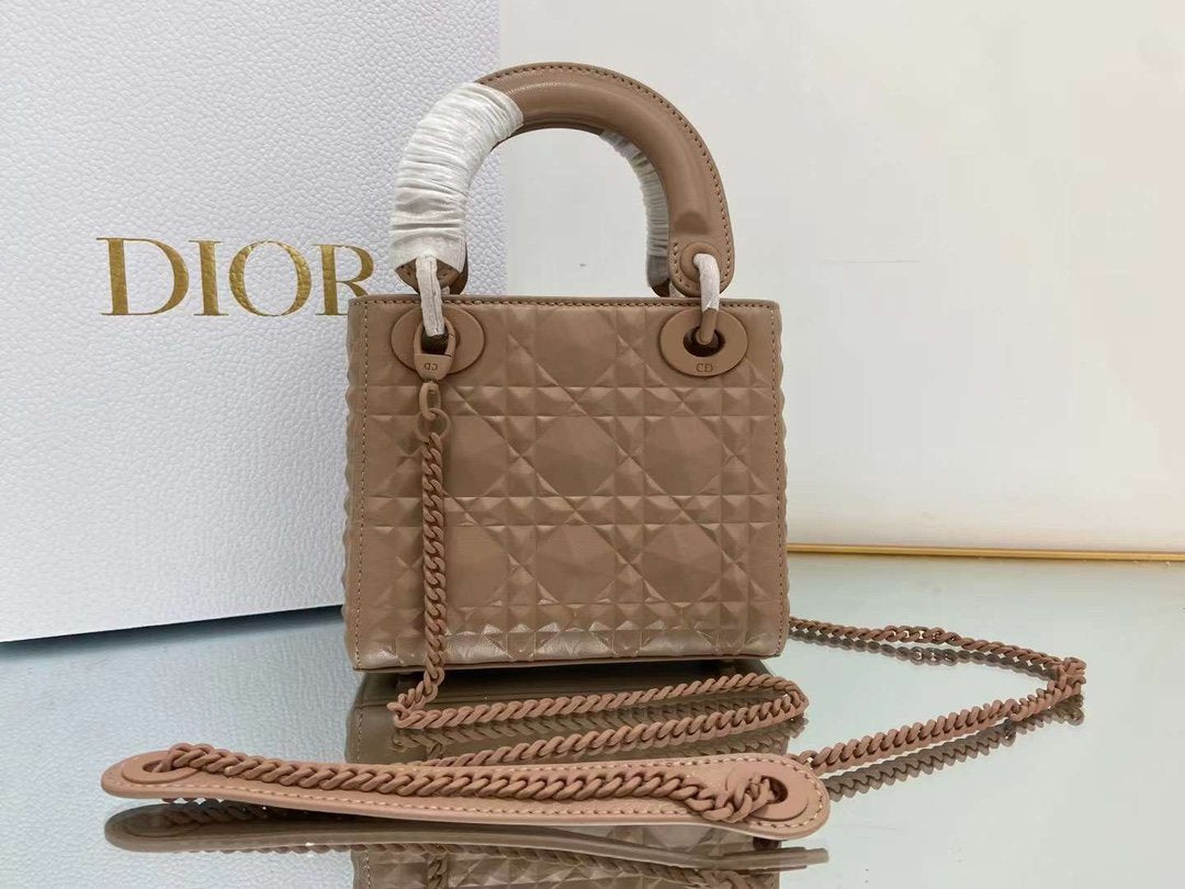 DI Mini Lady Bag Cannage with Beaded Motif, Brown, For Women Women’s Handbags, Crossbody Bags, 18cm CD
