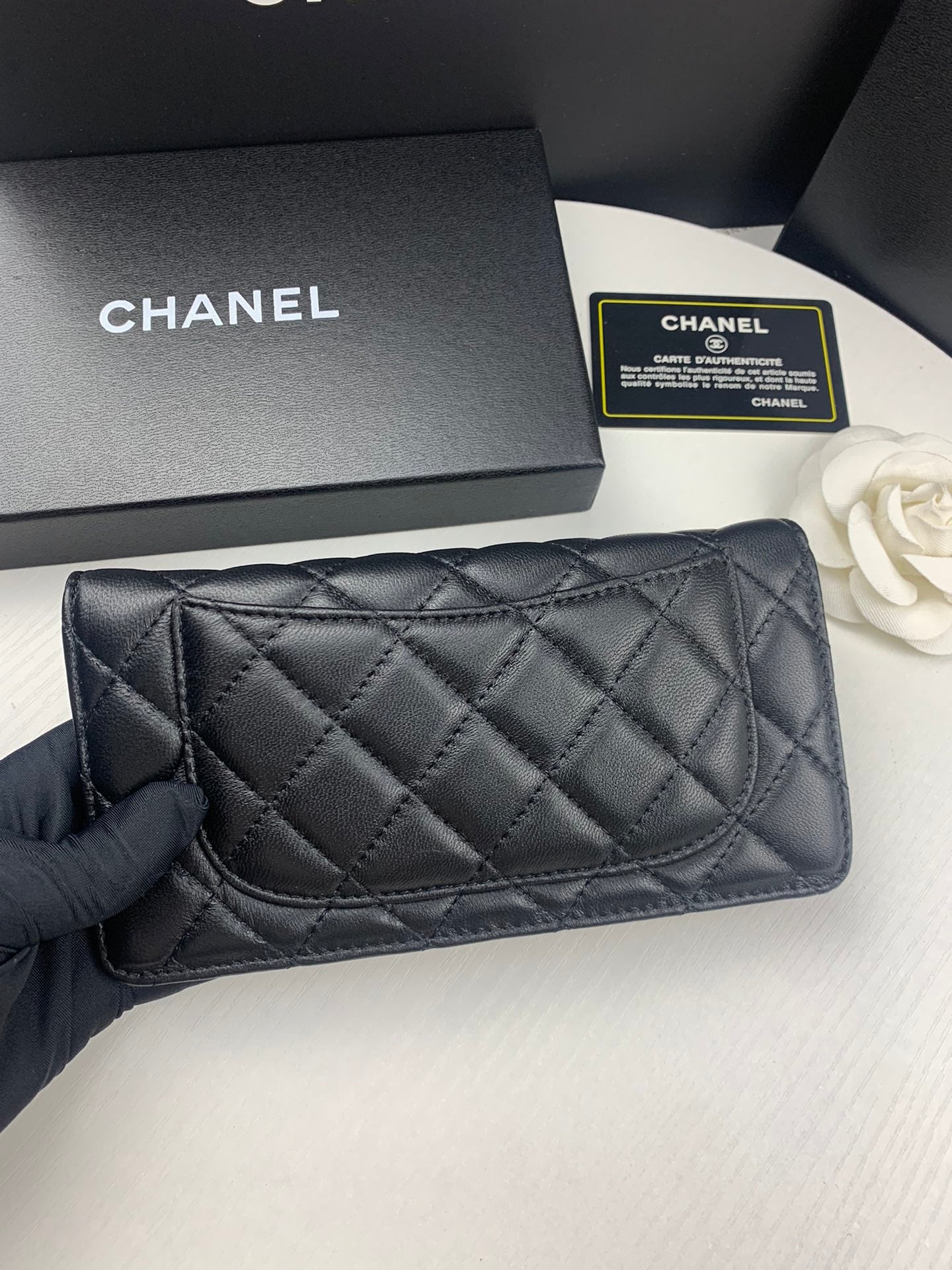 CHL BLACK QUILTED LAMBSKIN CLASSIC LONG FLAP WALLET 19.5CM