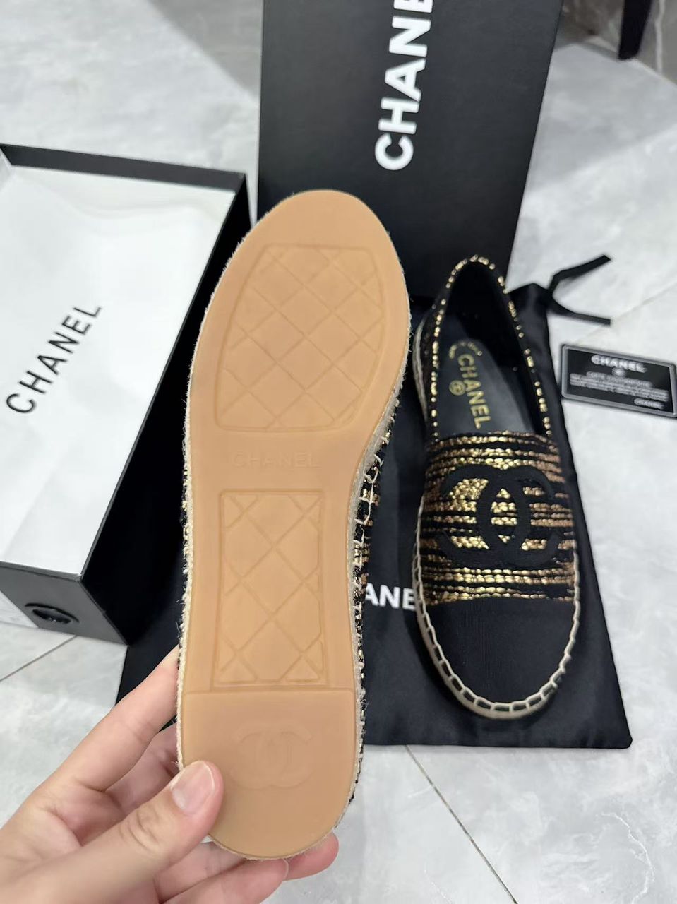 CHL GOLD BLACK METALLIC TWEED GROSGRAIN CC ESPADRILLES SLIP ON