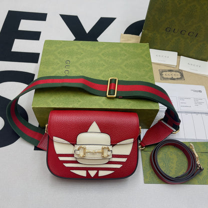 gg x Adidas Horsebit 1955 Mini Bag Red For Women, Women&#8217;s Bags 8.1in/21cm gg 658574 U3ZDG 6563