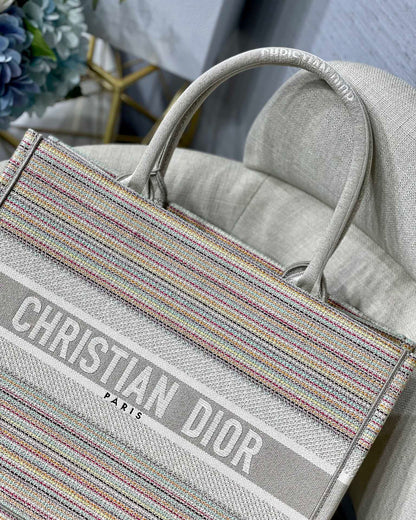 DI Medium Book Tote Bag Canvas Stripes Embroidery For Women 36cm/16.5in CD