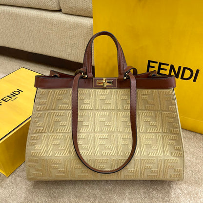 FI Peekaboo X-tote Bag Beige Canvas For Women, Women&#8217;s Handbags, Shoulder Bags 16.1in/41cm FF 8BH374