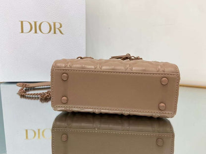 DI Mini Lady Bag Cannage with Beaded Motif, Brown, For Women Women’s Handbags, Crossbody Bags, 18cm CD
