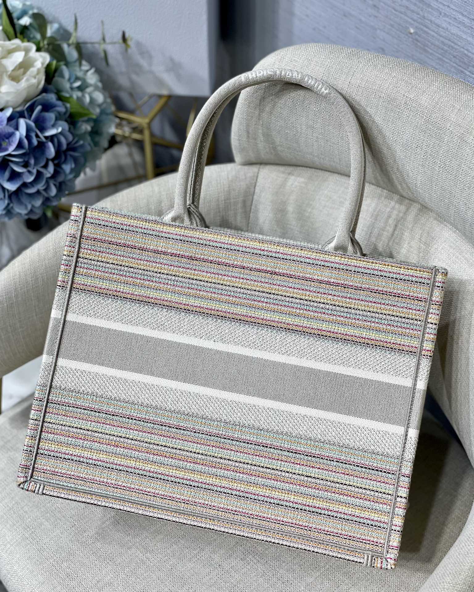 DI Medium Book Tote Bag Canvas Stripes Embroidery For Women 36cm/16.5in CD