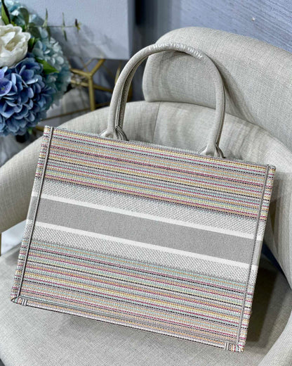 DI Medium Book Tote Bag Canvas Stripes Embroidery For Women 36cm/16.5in CD
