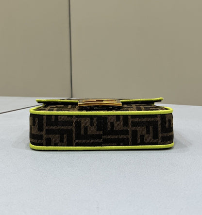 FI Baguette Small Brown Fabric Yellow Border Bag For Woman 18cm/7in