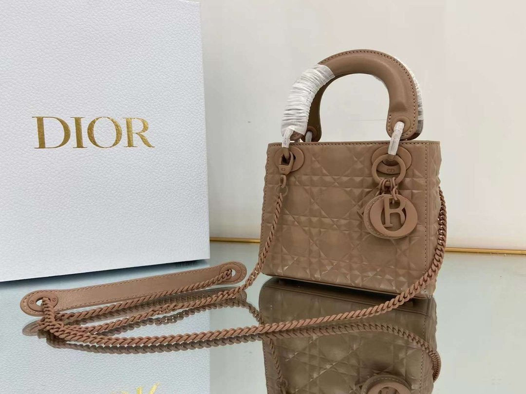 DI Mini Lady Bag Cannage with Beaded Motif, Brown, For Women Women’s Handbags, Crossbody Bags, 18cm CD
