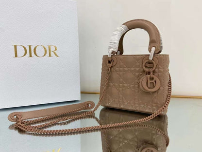 DI Mini Lady Bag Cannage with Beaded Motif, Brown, For Women Women’s Handbags, Crossbody Bags, 18cm CD