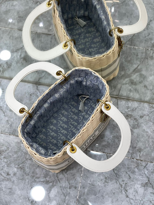 DI Medium Lady Natural Wicker and Blue Oblique Jacquard Bag, Blue, For Women Women’s Handbags, 24cm CD M0565CMVO_M808
