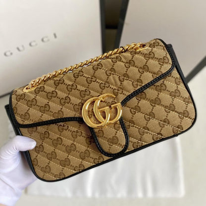 gg Marmont Small Shoulder Bag Beige/Ebony Diagonal Matelassé Original gg Canvas For Women 10in/26cm 443497 HVKEG 9772