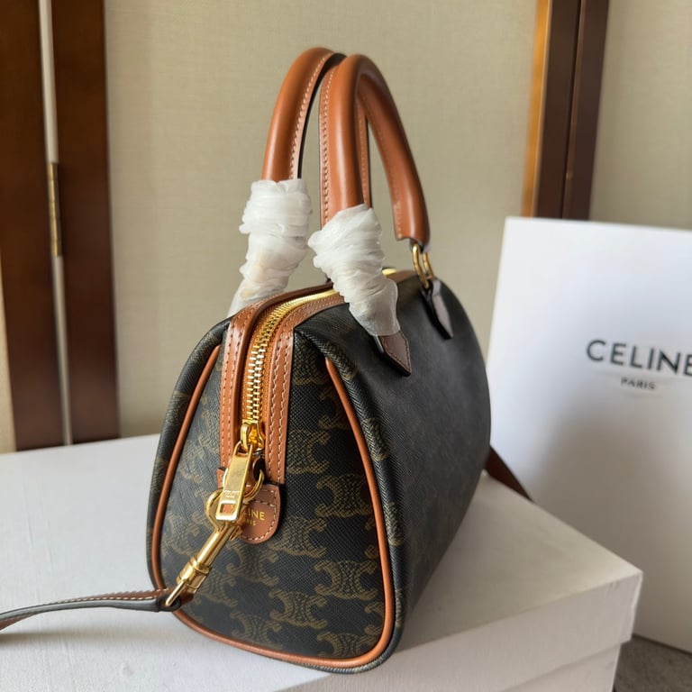 CE  SMALL BOSTON CUIR TRIOMPHE IN TRIOMPHE CANVAS AND CALFSKIN TAN