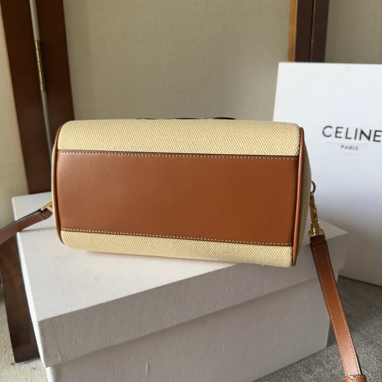 CE  SMALL BOSTON CUIR TRIOMPHE IN TEXTILE AND CALFSKIN TAN