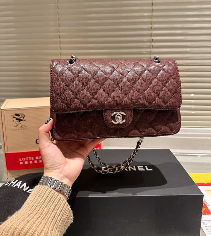 CHL MEDIUM CLASSIC FLAP BAG SILVER HARDWARE BROWN 26CM A01113