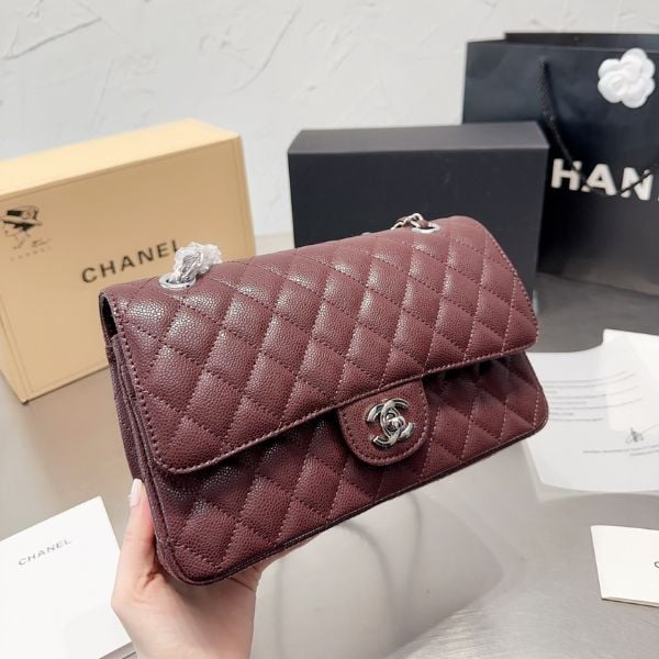 CHL MEDIUM CLASSIC FLAP BAG SILVER HARDWARE BURGUNDY 25CM
