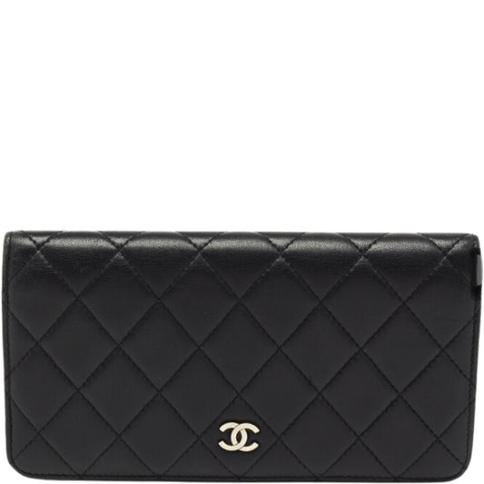 CHL BLACK QUILTED LAMBSKIN CLASSIC LONG FLAP WITH SILVER HARDWARE WALLET 19.5CM