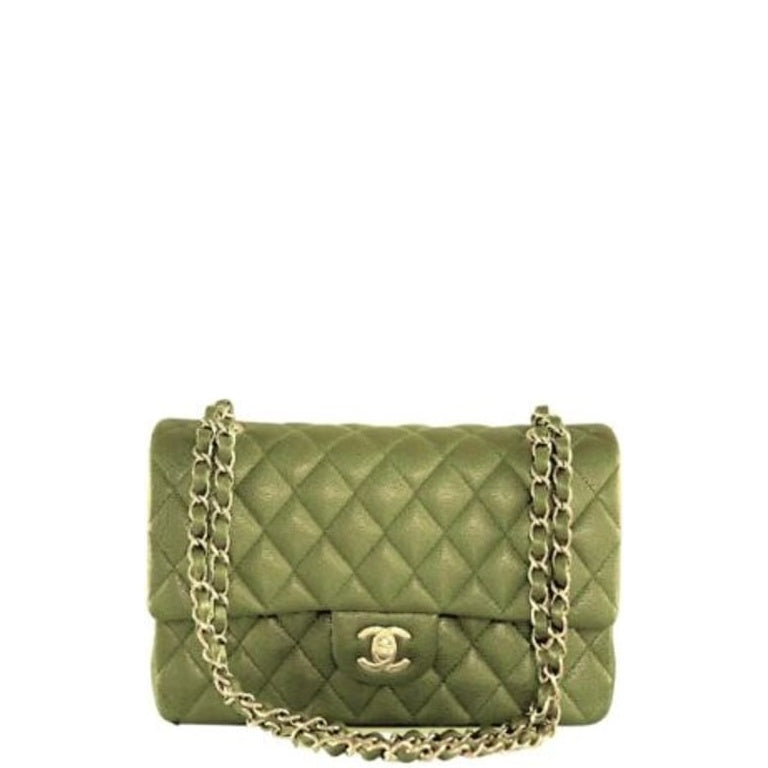 CHL MEDIUM CLASSIC FLAP BAG SILVER HARDWARE GREEN 25CM
