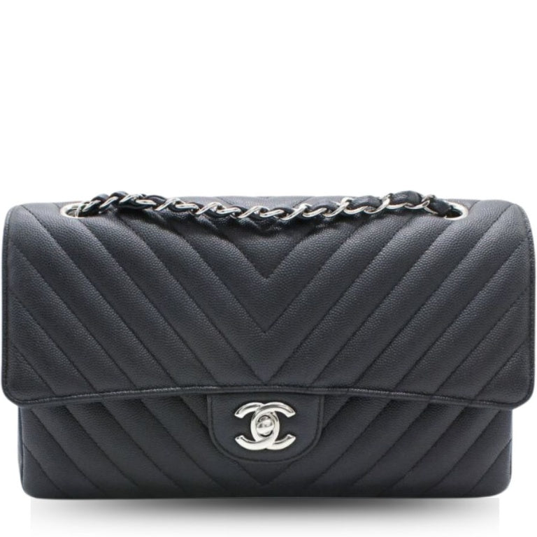 CHL CHEVRON CLASSIC HANDBAG SILVER HARDWARE BLACK