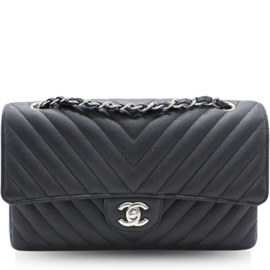 CHL CHEVRON CLASSIC HANDBAG SILVER HARDWARE BLACK