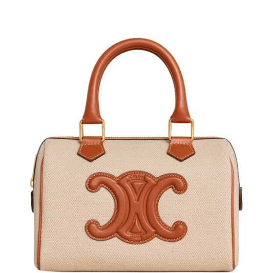 CE  SMALL BOSTON CUIR TRIOMPHE IN TEXTILE AND CALFSKIN TAN